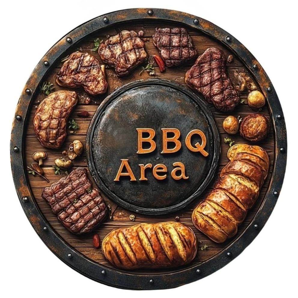 Vintage BBQ Area Round Metal Tin Sign Grilled Steak Vegetables Flame Pattern Retro Wall Decor for Backyard Patio Bar