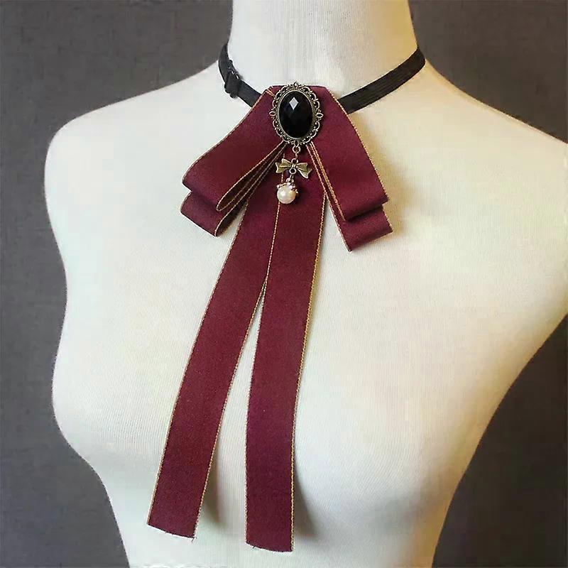 Women Pre Tied Bowknot Bow Tie Rhinestone Pearl Ribbon Brooch Adjustable Bowtie Uniform Necktie Women Costume Accessory