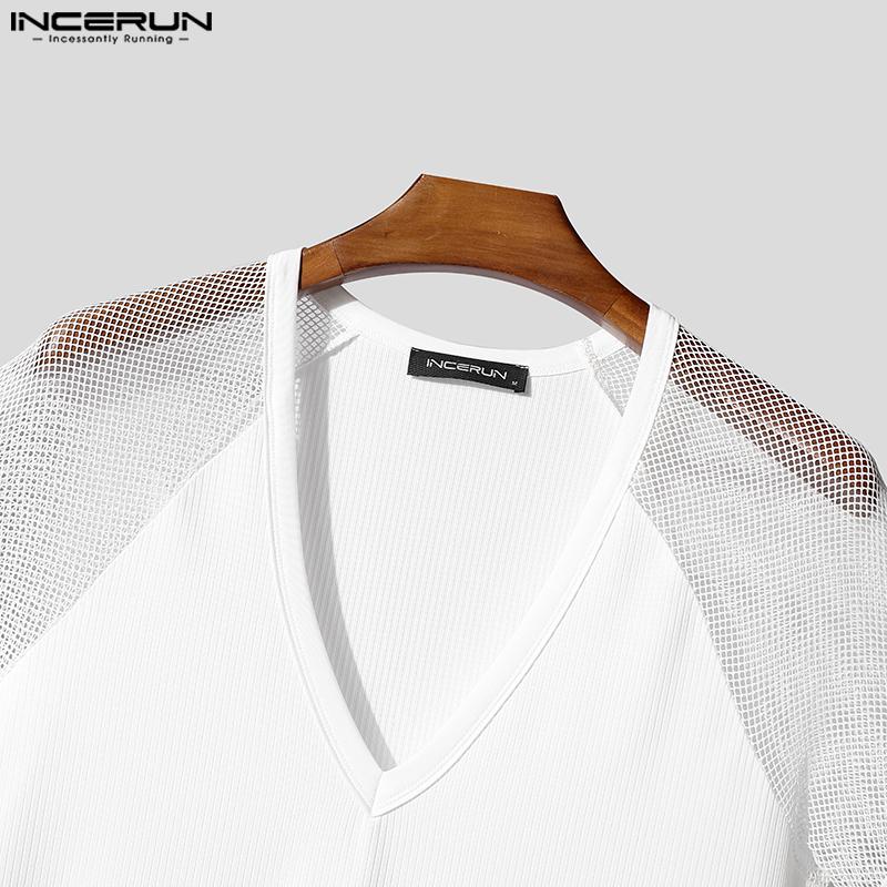 INCERUN Herren T-Shirts Lässig V-Ausschnitt Kurzarm Netzgarn Transparent Patchwork Oberteile