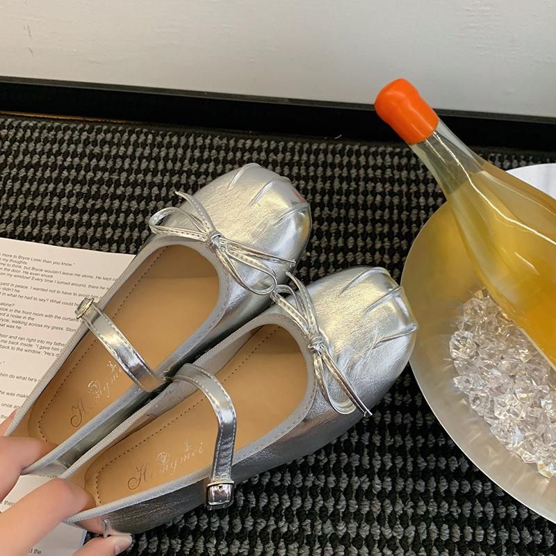 Silver bow ballet inner height-increasing single shoes for women's 2025 summer new soft flat one-pedal beanie shoes
