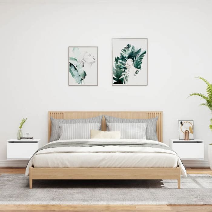 VidaXL Tables de Chevet Murales avec Lumières LED 2 pcs, Armoires de Nuit, Tables de Nuit Chambre, Moderne, Blanc Bois 836827