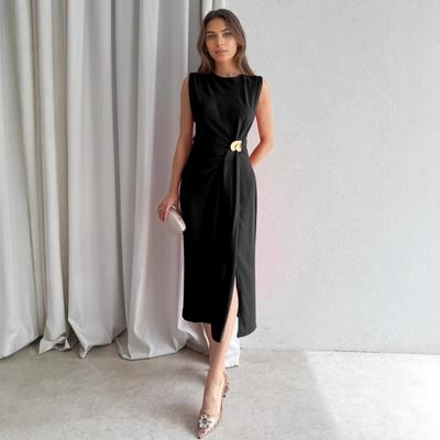 Kadın Modası Avrupa ve Amerika Pileli Kolsuz Düz Renk Beli Büzgülü Moda Elbise