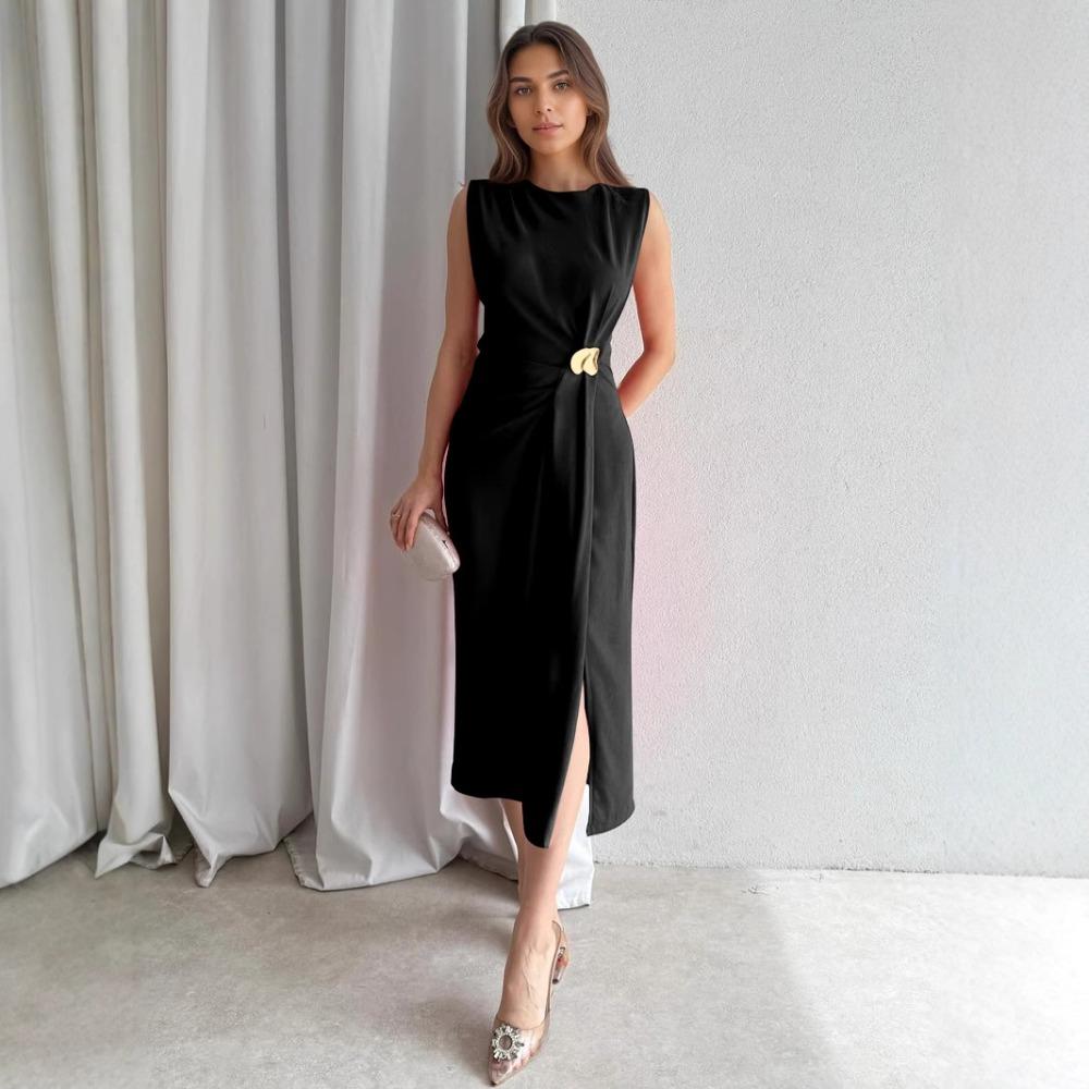 Women s Fashion European and American Pleated Sleeveless Solid Color Fashion Dress with a Cinched Waist European and american code s