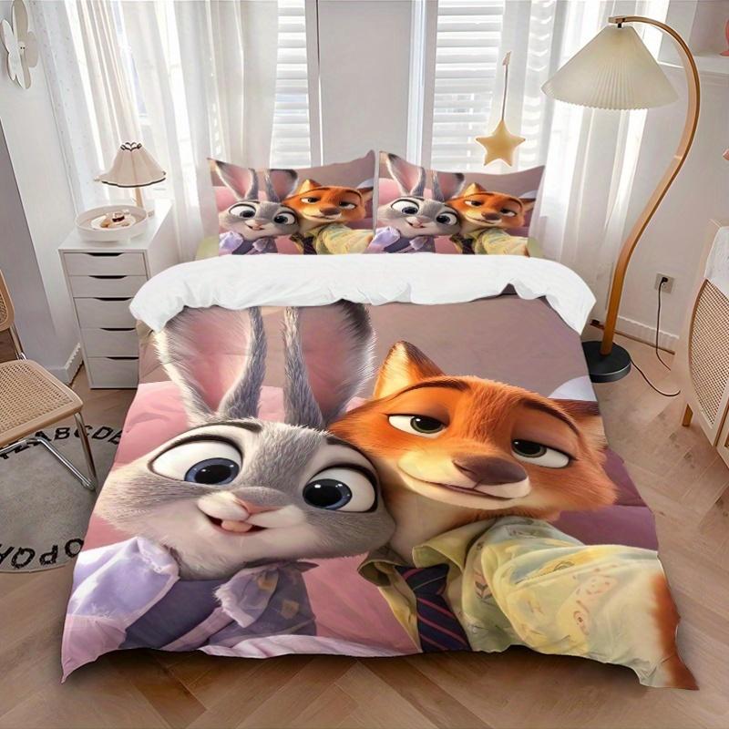 3pcs Lively Judy and Nick Zootopia Print Bedding Set (1 Cover + 2 Pillowcases, Without Inserts), This Printed Bedding Set Is Soft and Comfortable