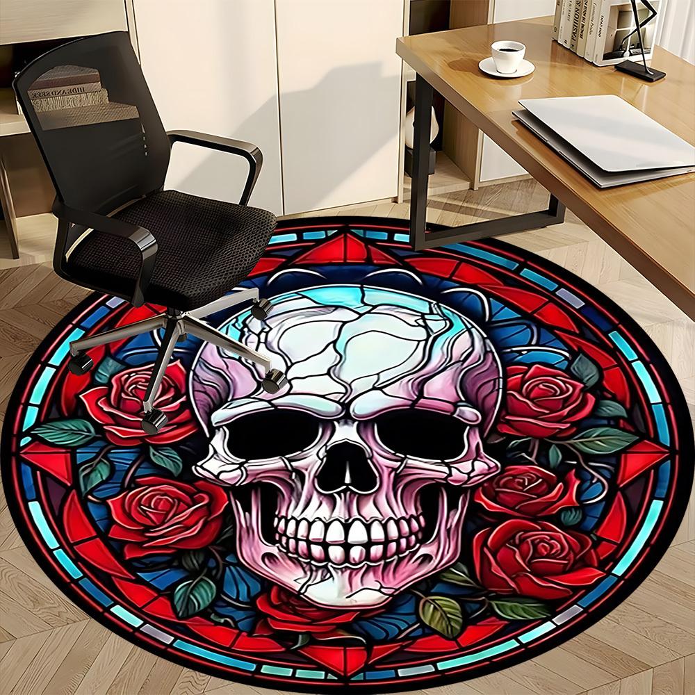 1PC Skull Rose Design Office Round Rug, Non slip, Soft and Durable Office Rug for Interior Decoration, Perfect for Office