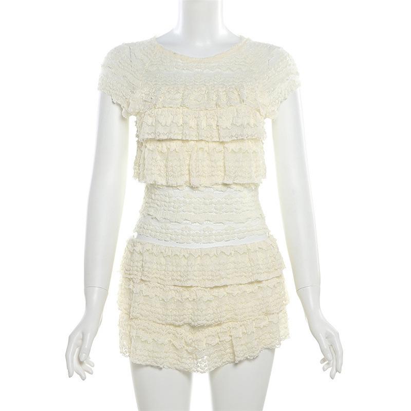 Sladká Spice Girl Dřevěné Ucho Boční Výřez Ramínkový Top Ženy Léto Krajka Krajka Pom Pom Šortky 2 Díly