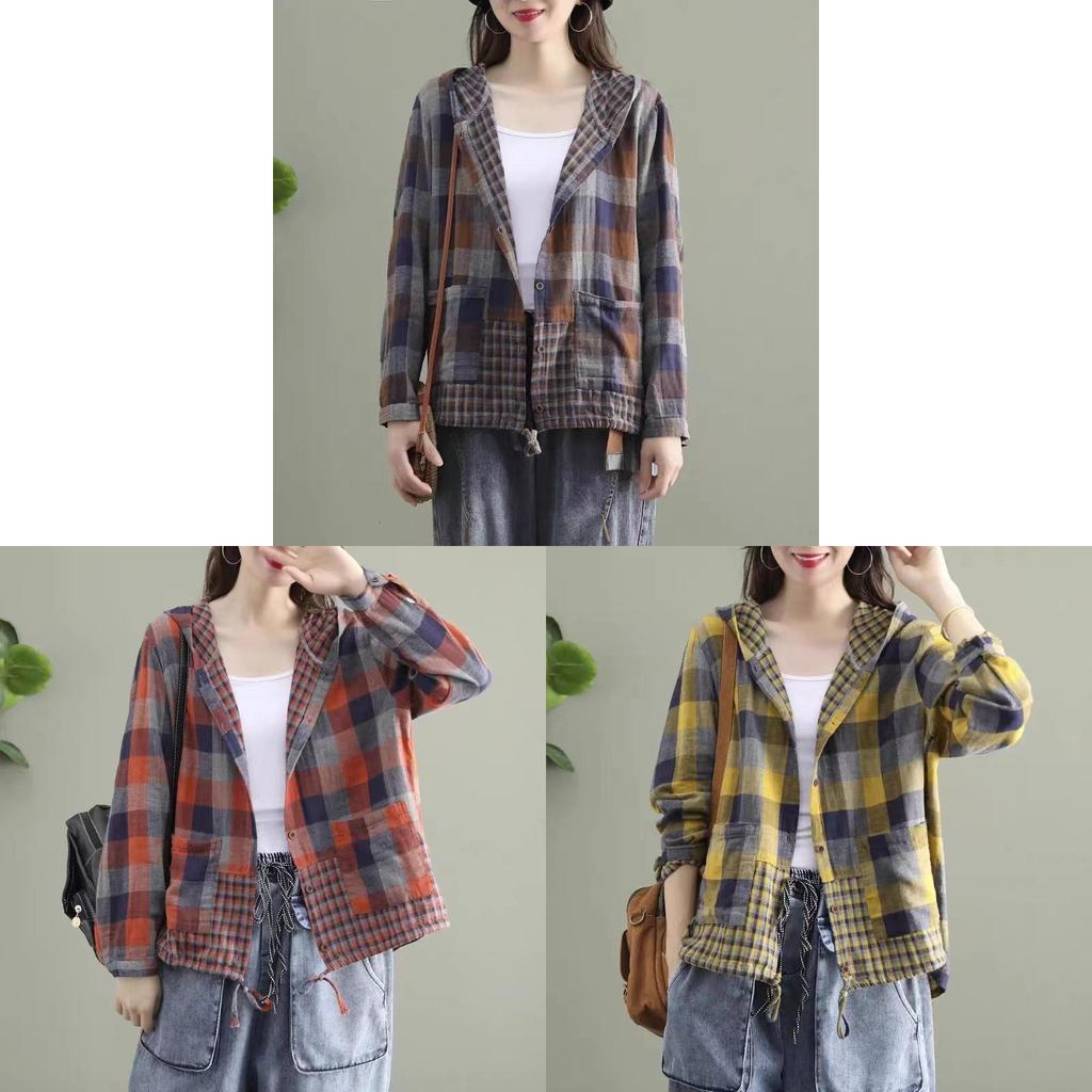 Vintage Plaid Shirt With Linen Cotton Fabric For Casual Autumn Wear