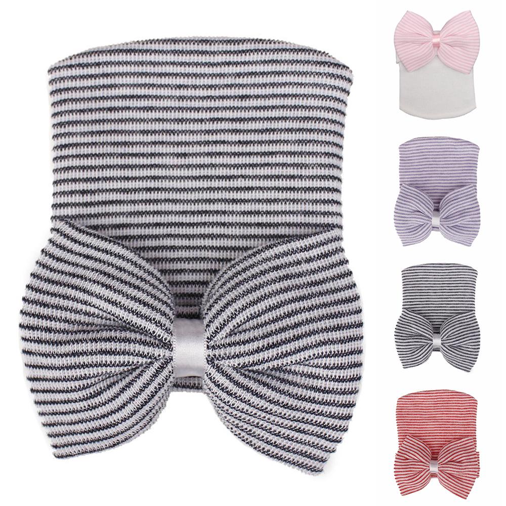Stripe Infant Hat For 0-6 Month Newborn Baby Hospital Hat Soft Cotton Cute Big Bow Beanie Cap Winter Turban Hats for Baby Girls
