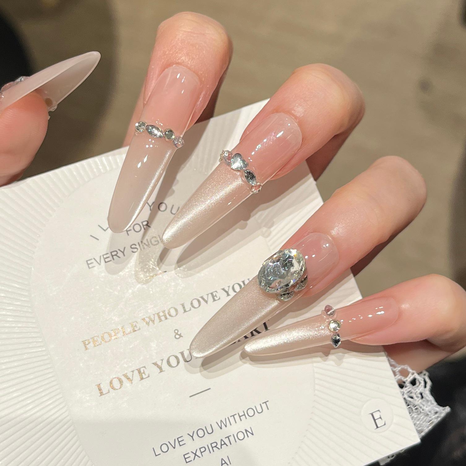 Translucent Nude Cat Eye Long Nails - Pure Handmade High-End Style Bagged XS