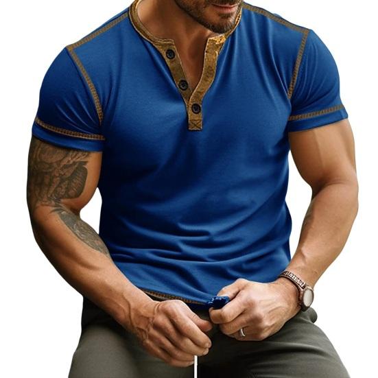 Camiseta para hombre, color a juego, corte entallado, botones, cuello en V, elástica, suave, informal, manga corta