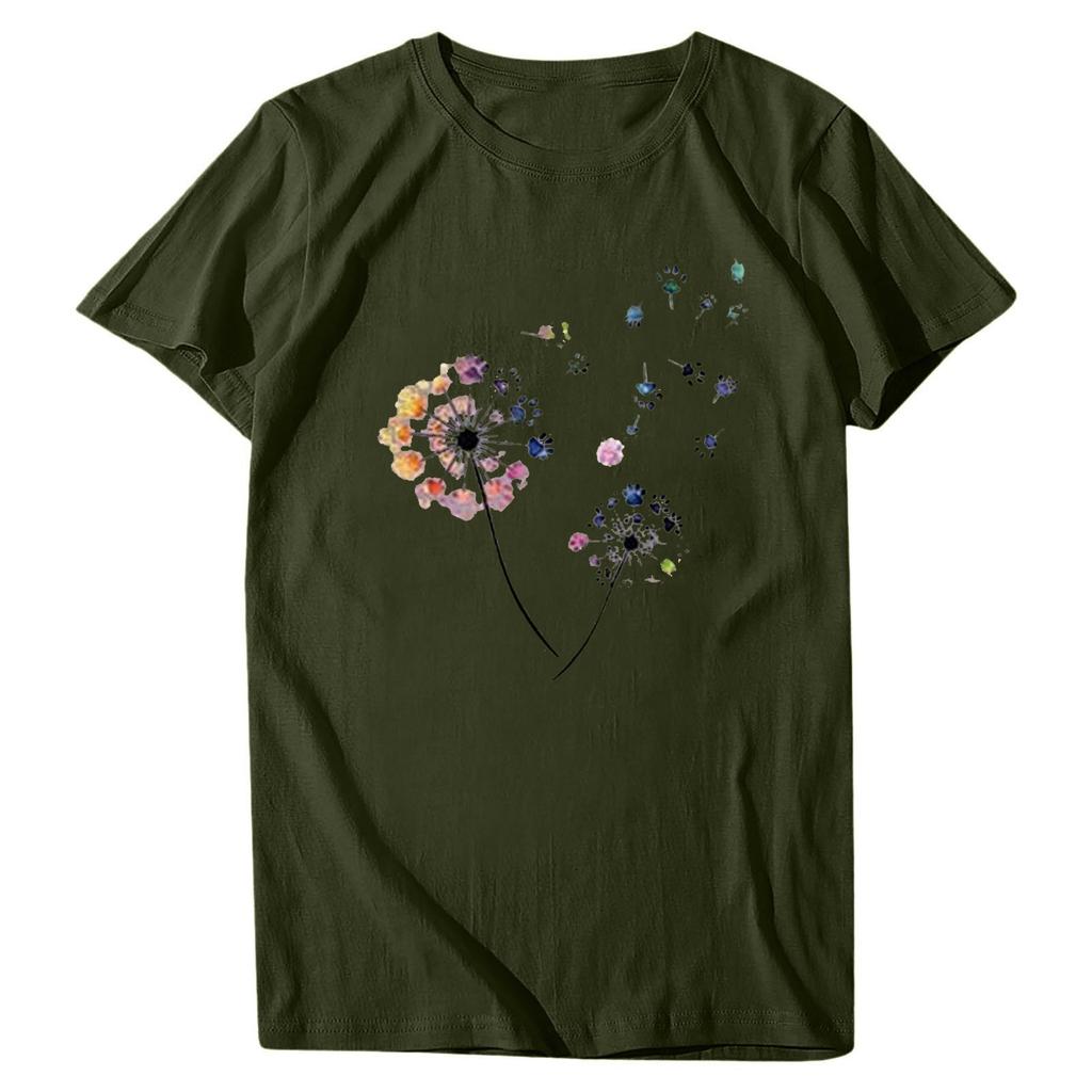 Women Fashion Flower Printing O-Neck Short T-Shirt Loose Blouse Top Shirt