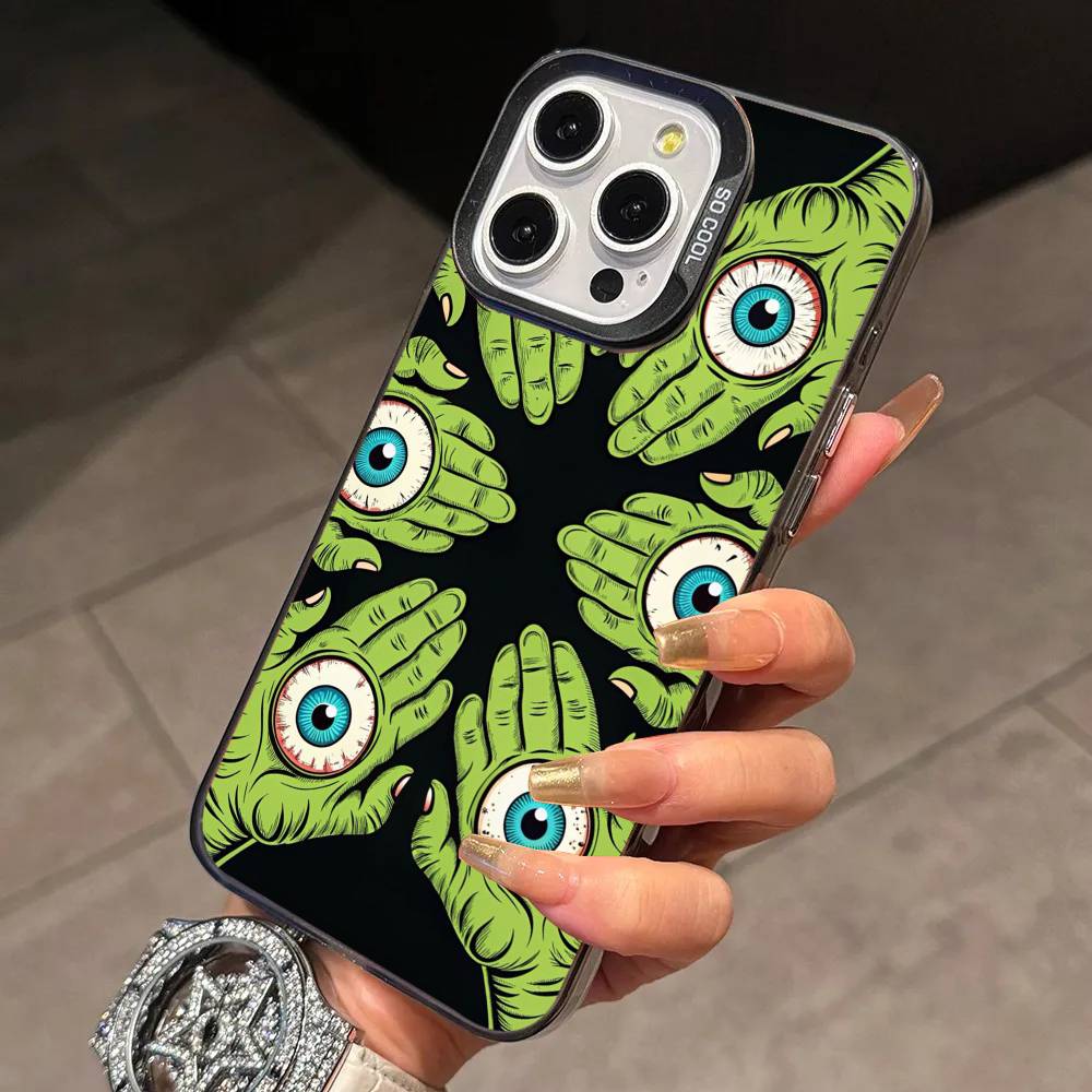 Big Eyes Trendy Print Lines Phone Case For iPhone 17,16,15,14,13,12,11 Plus,Pro Max,XS,Colored Silver Plated Inside Cover
