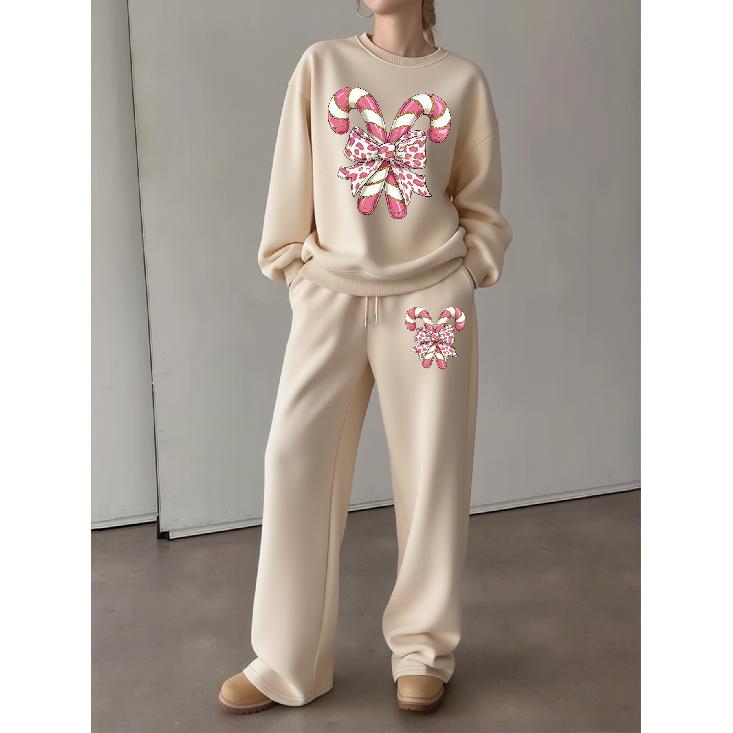 Women's Christmas Print Crewneck Sweatshirt & Wide-Leg Pants Set. Soft, Chic Long-Sleeve Lounge & Activewear for Fall/Winter.