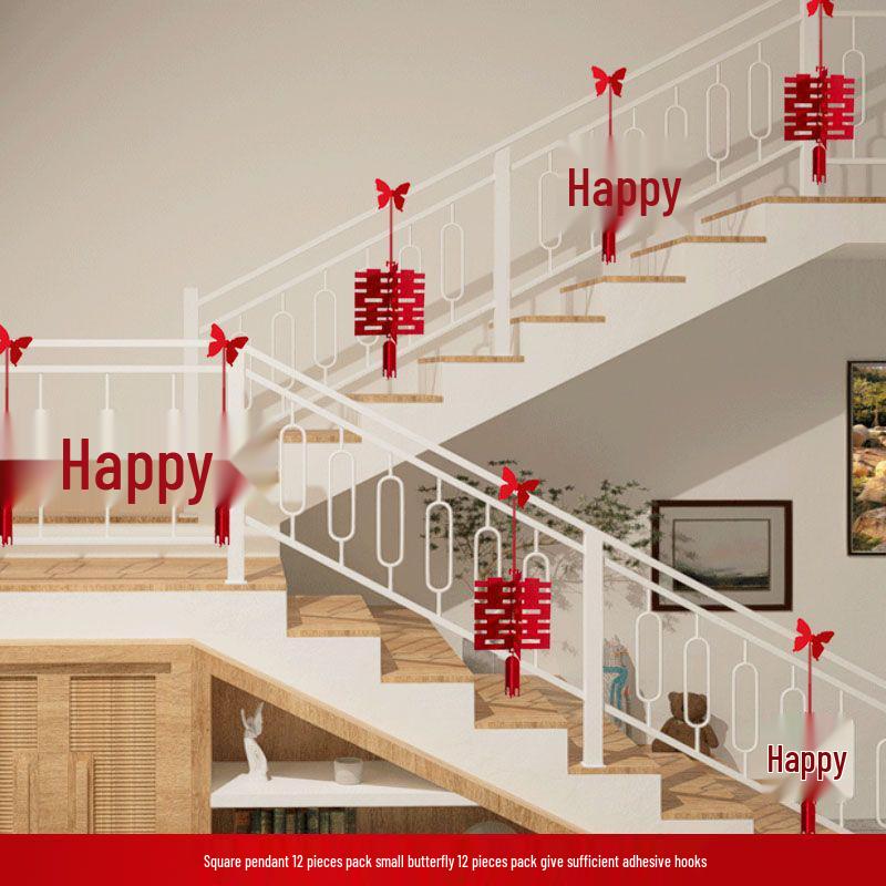 Double Happiness Stair Railing Decor: Wedding Floral Ornaments for Bride and Groom Sides