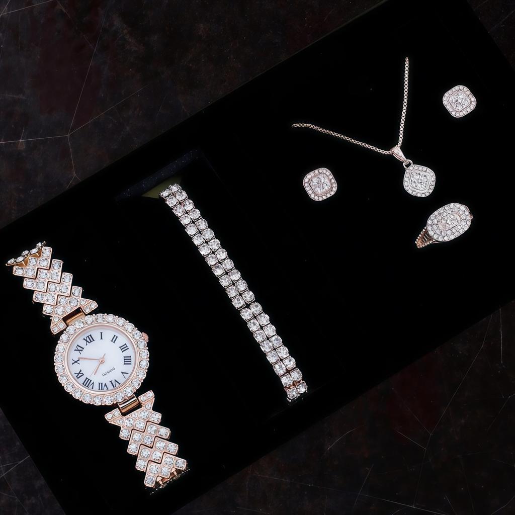 Ladies Cornucopia Diamond Watch Set, Popular 5pcs Bracelet Accessories Fashion Quartz European Beautiful Women Watch Set