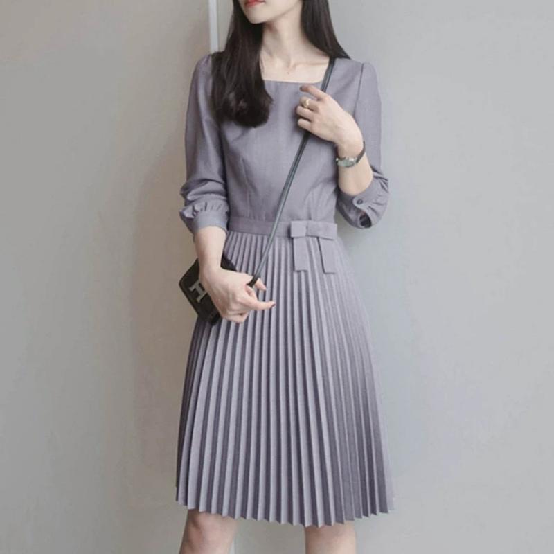 ZANZEA Women Square Neck Casual Long Sleeve Pleated Dress