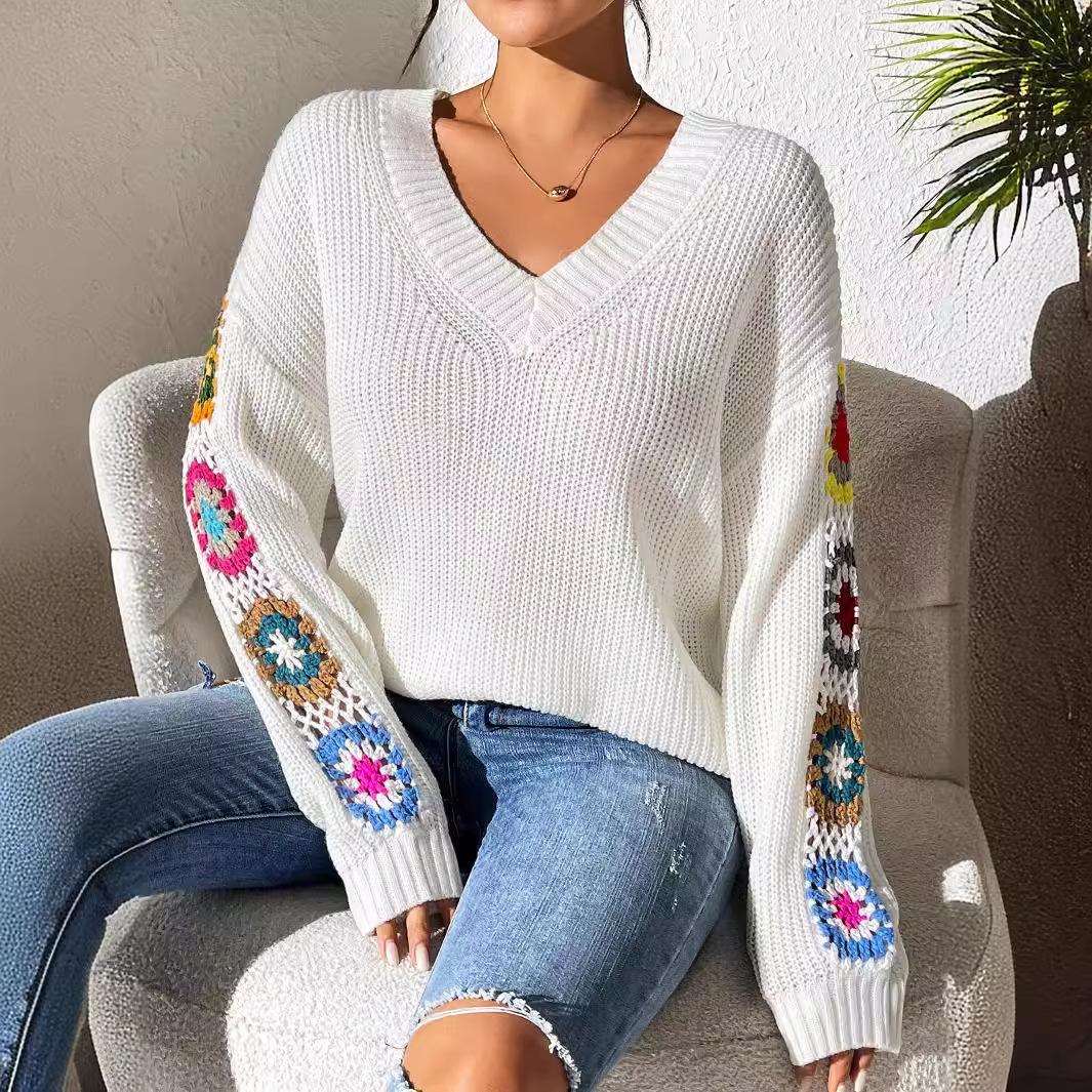 

Autumn And Winter Women s Mixed Colour Hand Crochet Flower Patchwork V-Neck Pullover Sweater XL білий