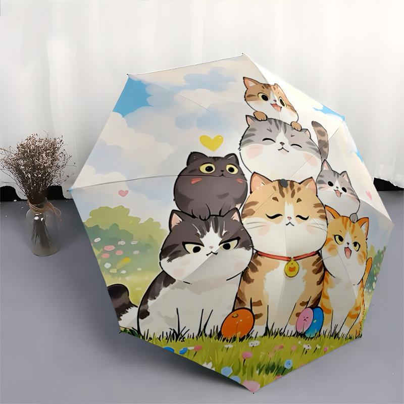 1pc Seven Happy Cats Automatic Opening and Closing Umbrella, Lightweight 3-Fold, With Cute Cartoon Characters, Suitable for Home, Outdoor and Dai
