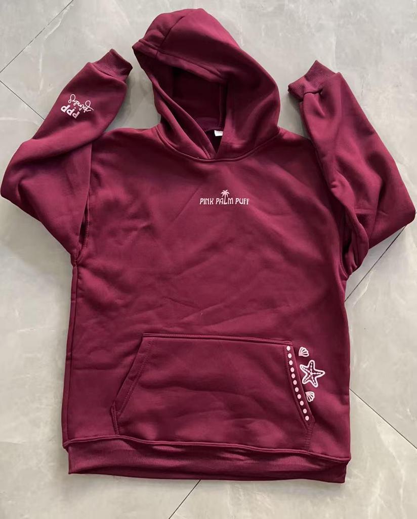 Nová růžová mikina s kapucí s dlouhým rukávem a spuštěnými rameny s potiskem palem