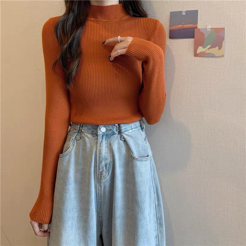 

Женский стильный облегающий трикотажный свитер с полуводолазкой - длинный рукав, осенне-зимний топ One Size (35-68 kg)