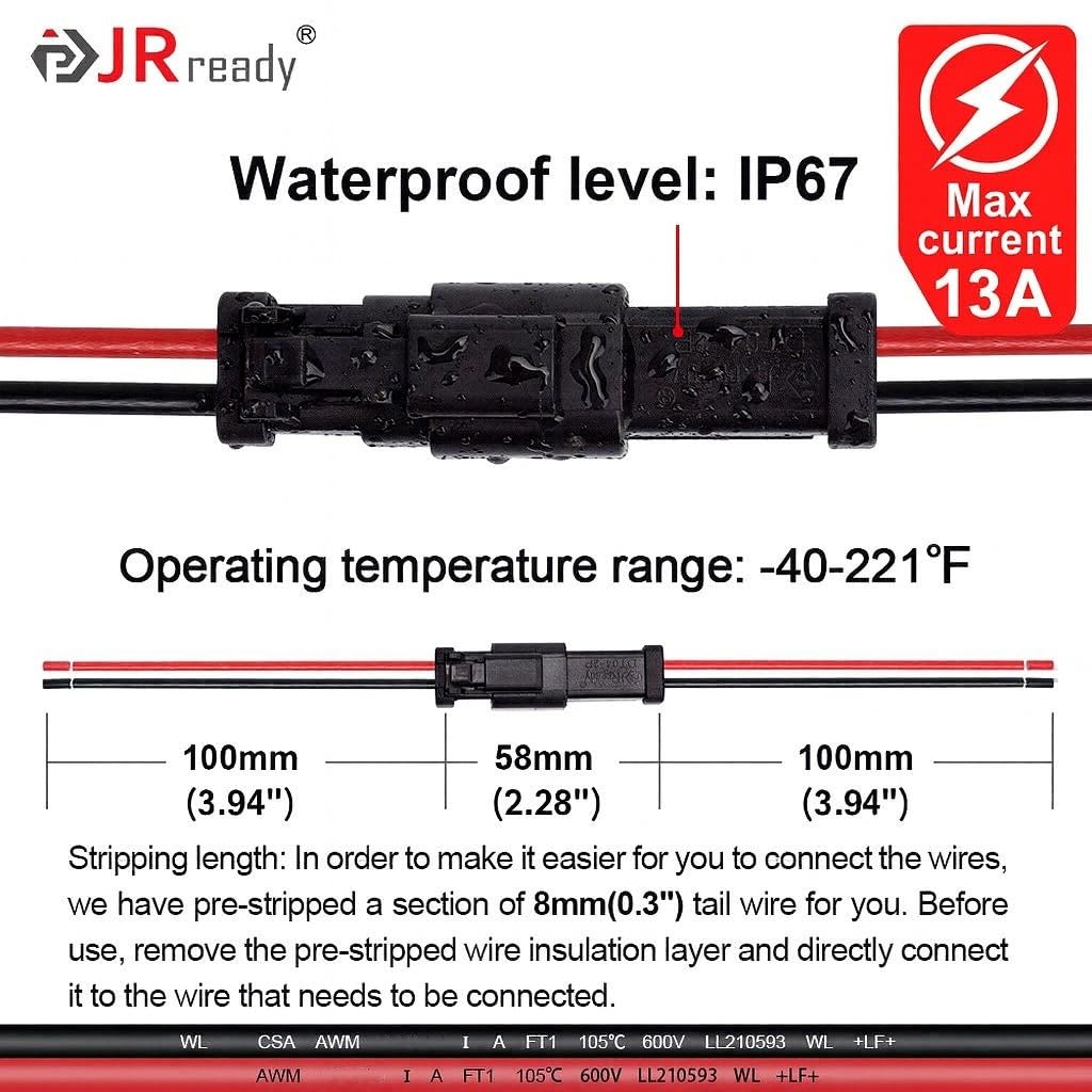 JRready 2 Pin Deutsch Connector Kit - 2 Wire DT Pigtail Black - 6 Sets ST9020 Car Waterproof IP67 Connectors With 24Pcs Butt, 14AWG (UL1015) Thicker