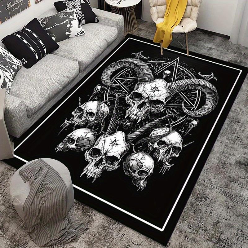 Gothic Skull Rug for Dark Aesthetic Rooms | Black and White Skeleton Art Carpet | Halloween Decorations Skid Resistant Carpet