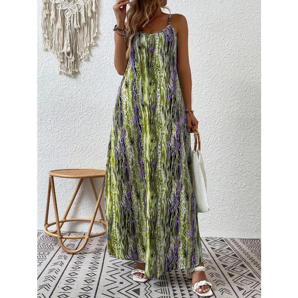 Women's Printed Spaghetti Strap Maxi Dress Casual Loose Summer Long Beach Dress