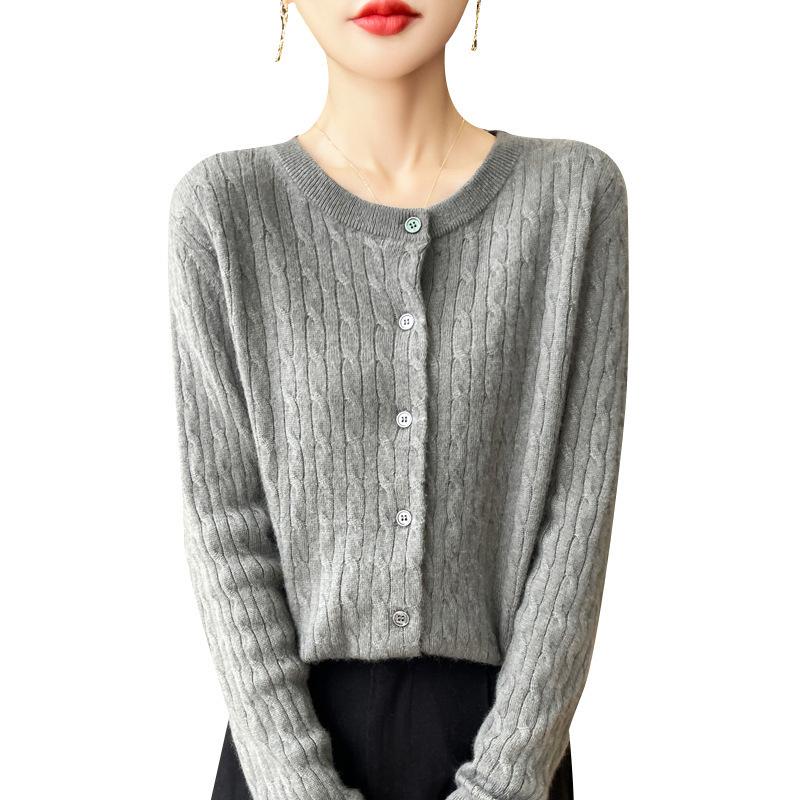 Podzimní dámské pletené zboží Kulatý výstřih Kroucený kardigan Svetr Bunda