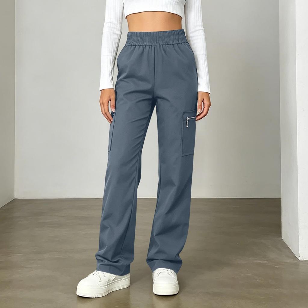 Women Casual Wide Leg Cargo Pants Elastic Waist Drawstring Pockets Long Trousers Lightweight Comfortable Fit