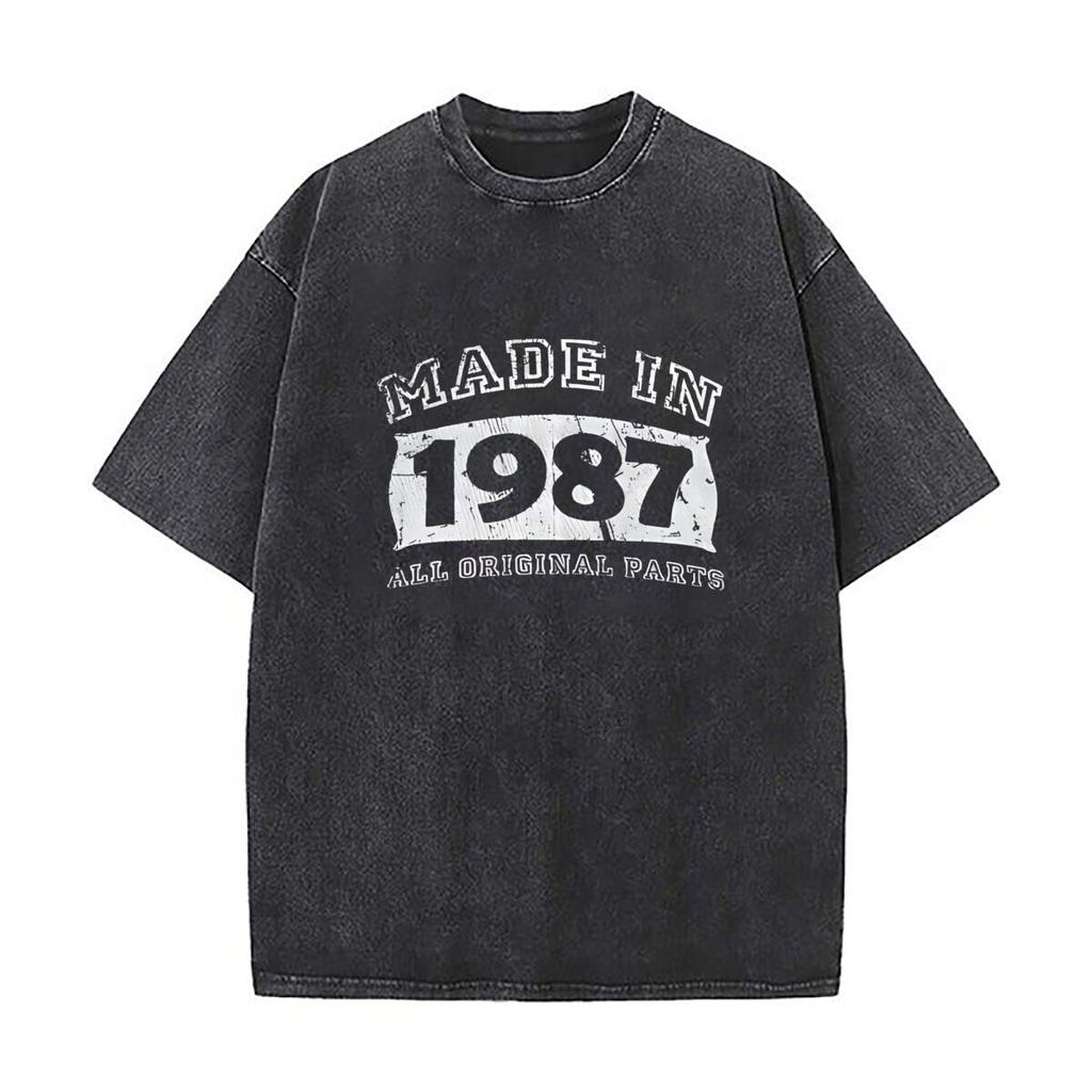 Cotton Made In Original Parts Birthday Heavy Men Washed Casual Cotton Short Sleeve Acid Wash Top