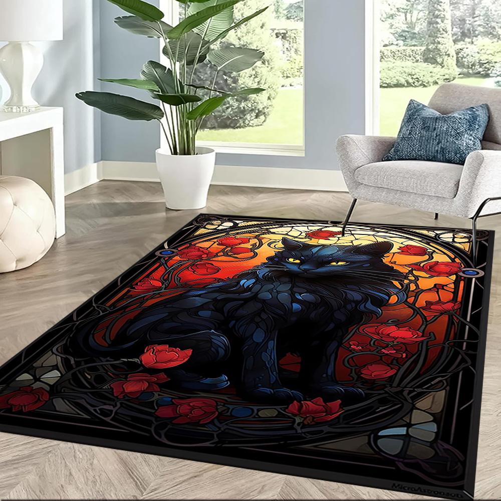 Black Cat In Stained Glass Floor Mats for Living Room, Bedroom and Room Decoration Are Suitable for Gifts.