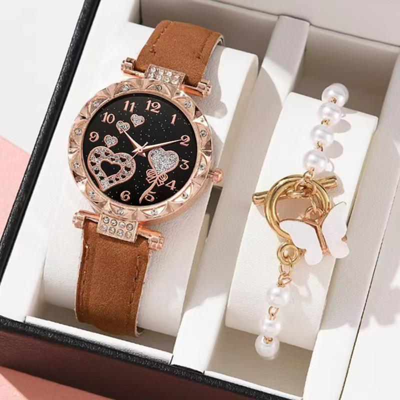 Elegant Crystal Heart Butterfly Bracelet & Leather Strap Quartz Watch with Pink Gemstone Set