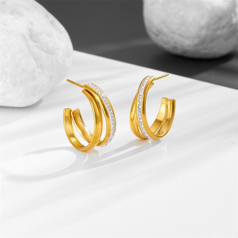 Elegant C-Shaped Titanium Steel Stud Earrings with Diamonds
