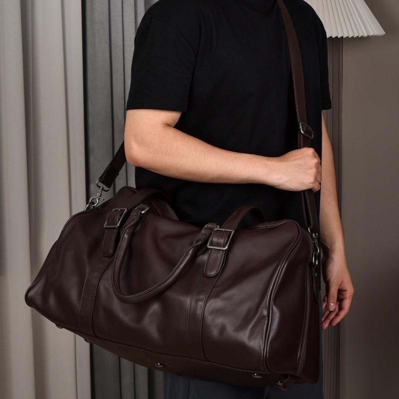 Men's Genuine Leather Multi-Functional Travel and Gym Bag - Large Capacity Cowhide Luggage Bag