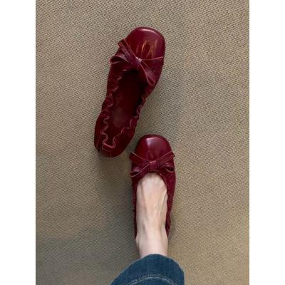 Versão em pele de ovelha~ Sapatos de bailarina de fundo plano com laço plissado em couro genuíno, sapatos de um só pé versáteis para o dia a dia, de boca rasa