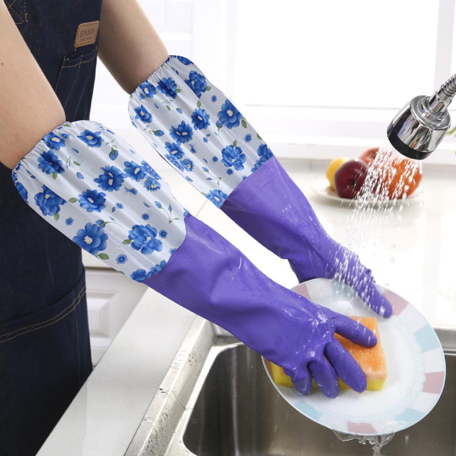 

Clean Floral Gloves – Extra Long Rubber Dishwashing Gloves With Velvet For Women, Non- Kitchen/Car Wash/Pet Care (Heat Resistant & Stylish).