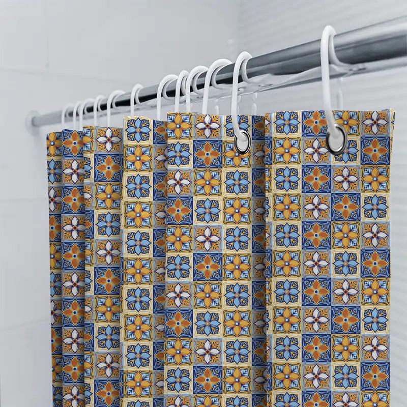 Blue Orange Flower Tile Shower Curtain Waterproof Bathroom Decor Print Home Decoration Customizable Size Available