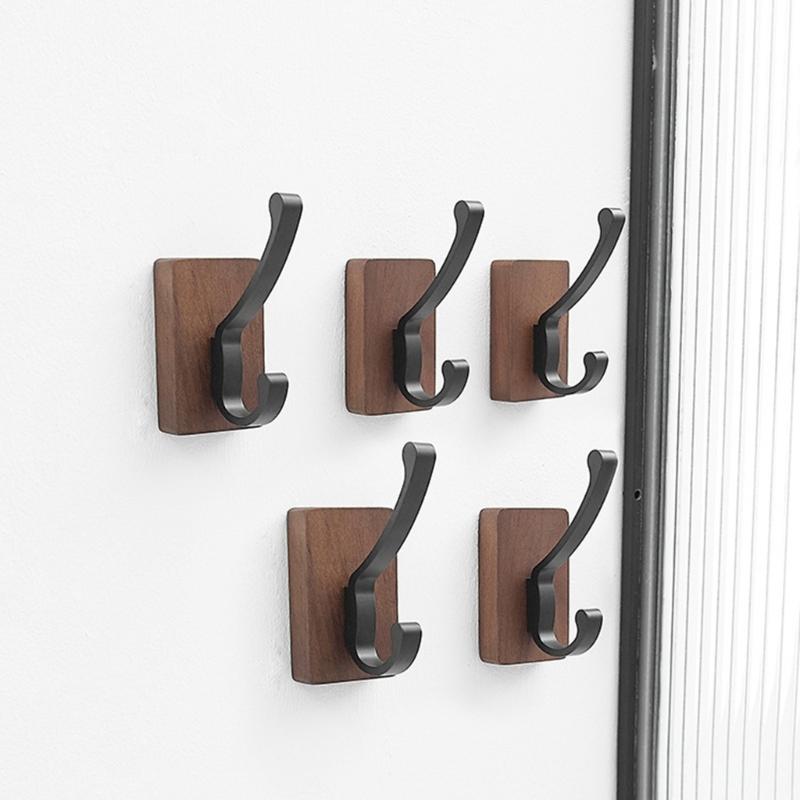 Space Saving Adhesive Hook for Bathroom Door Back Made of Natural Walnuts Wood Drillless Installation for Hanging Items