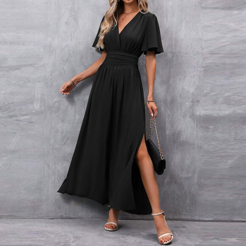 Dresses Femme Spring Summer Elegant Long Dress Women's Short Sleeve V Neck Hem Slit Solid Color Formal Evening Belted Dress Robe
