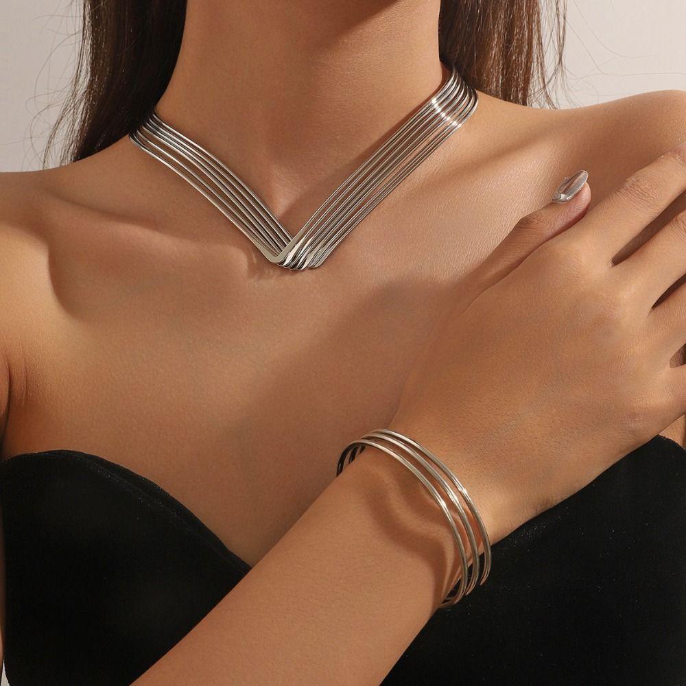 Multi-layer Hollowed-out Jewelry Set Geometric Women Jewelry Set Necklace Bracelet Set  Wedding