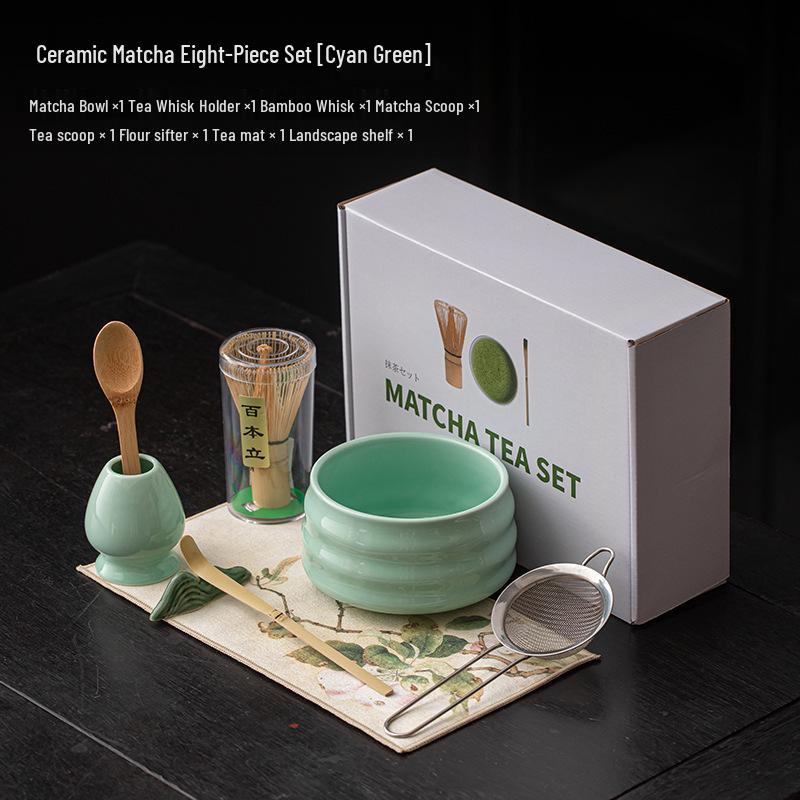 Japanese Ceramic Matcha Tea Set: Large Bowl, Whisk, Sieve, and Bamboo Whisk - 8 Pieces