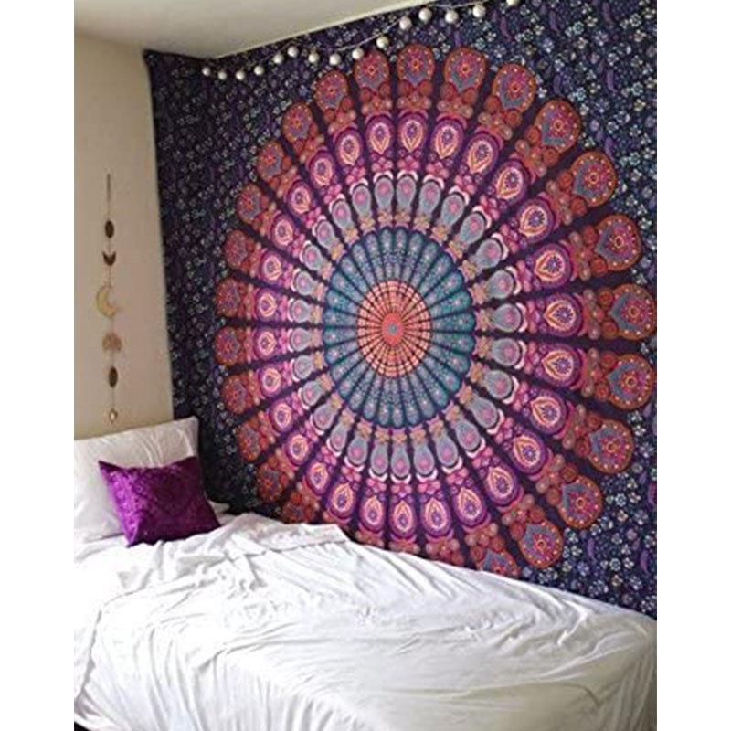 Dark Navy Red Orange Mandala Tapestry Wall Hanging Indian Hippie Bohemian Medallion Aesthetic Wall Art Bedroom Dorm Decor
