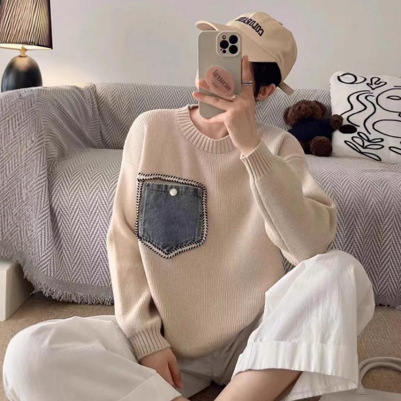 Contrasting color round neck splicing denim knitted sweater top autumn and winter new loose sweater pullover women