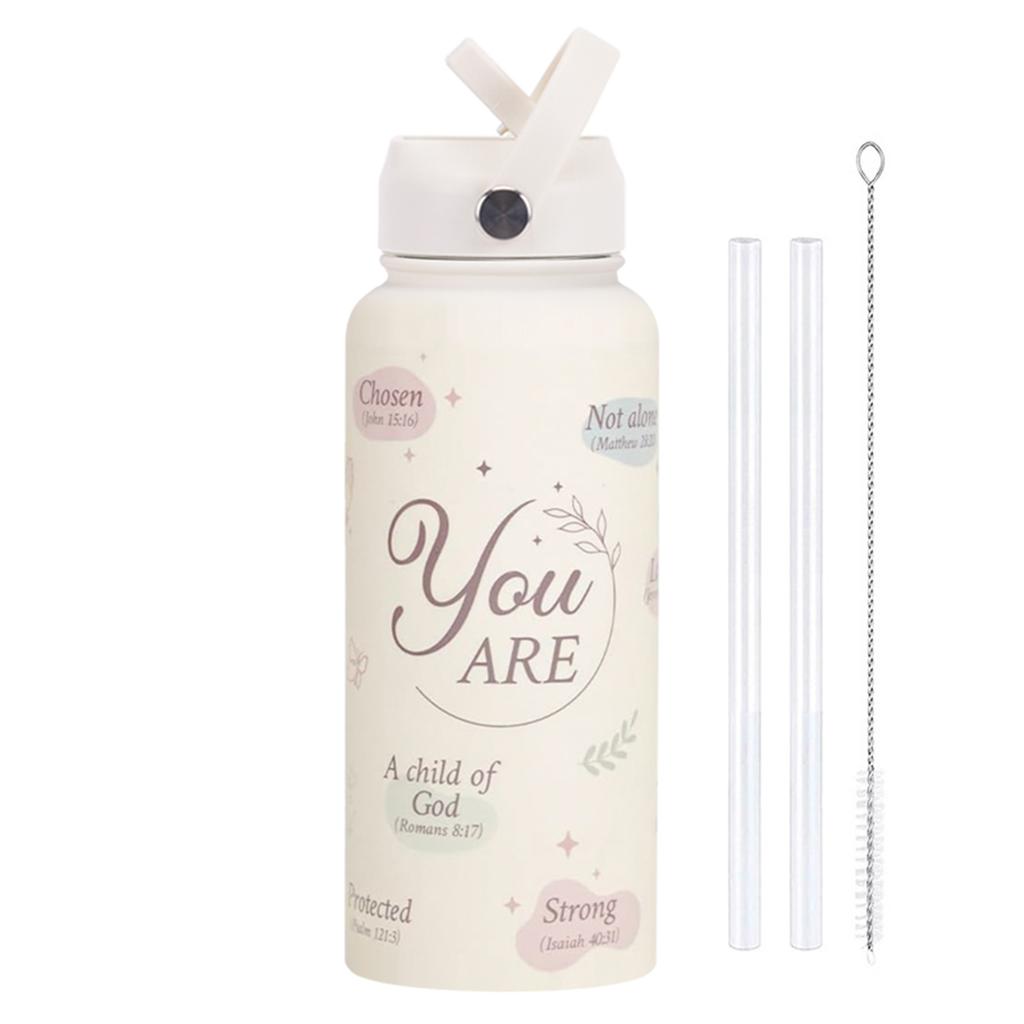 1L Insulated Water Bottle with Flip Straw and Handle Pink Bow Thermal Flask Wide Mouth Stainless Steel for Travel Gym and School