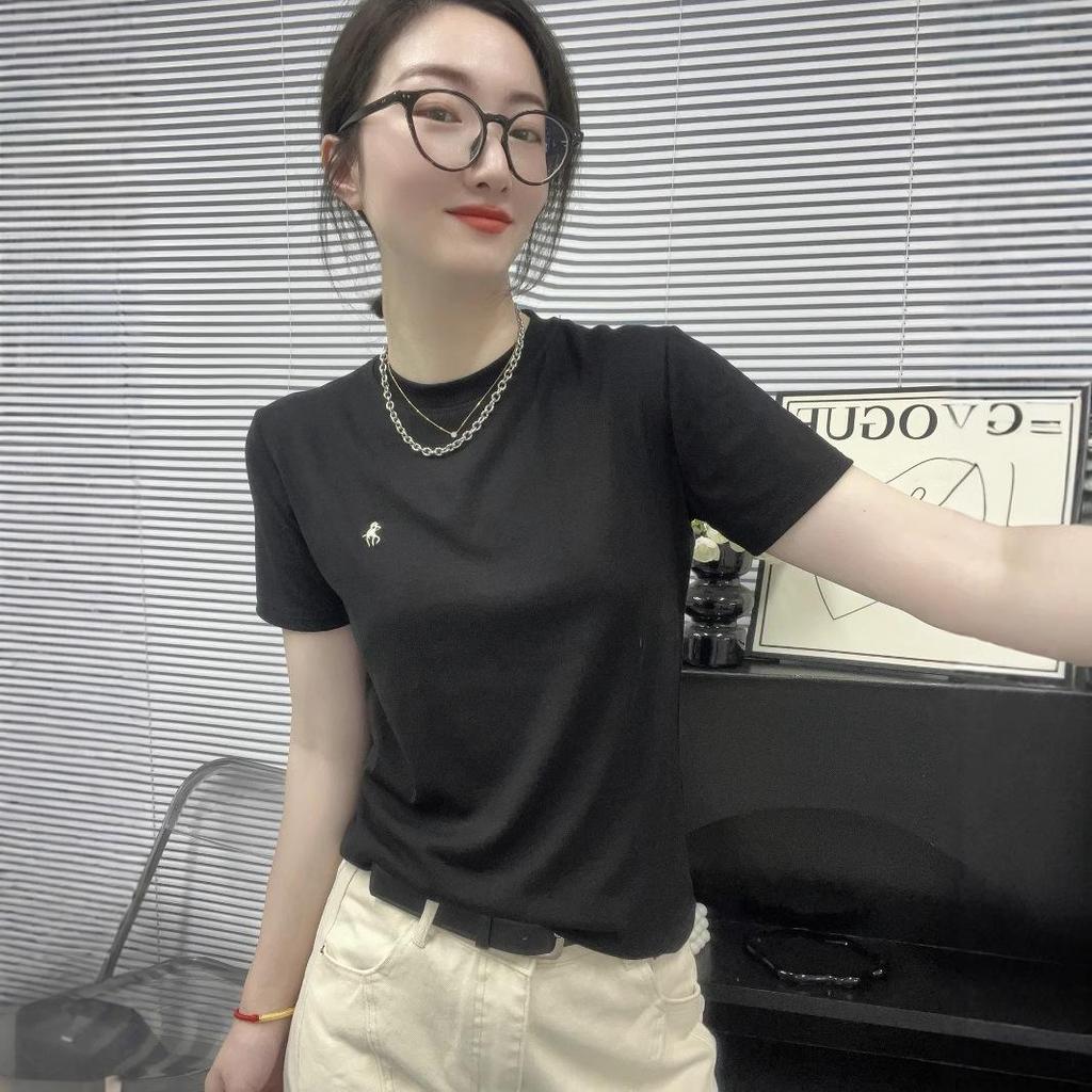 Women's Spring 2025 Embroidered Round Neck Slim Short Sleeve Top