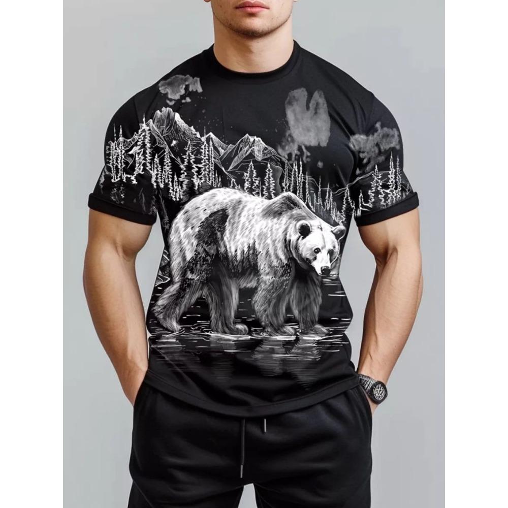 Summer Men's Short-Sleeve T-Shirt Brown Bear Landscape Pattern Print Lightweight Durable Hiking Casual Attire Casual Man Clothes