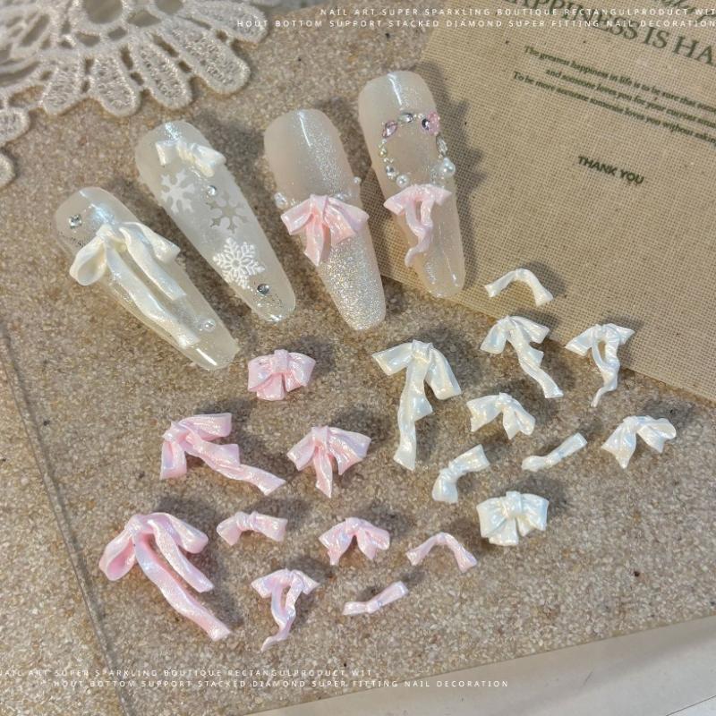 50 Pcs Bowknot Nail Art Decorations 3D Satin Light Nail Charms Colorful Ribbon Bow Rhinestone Diy Manicure Tools Parts