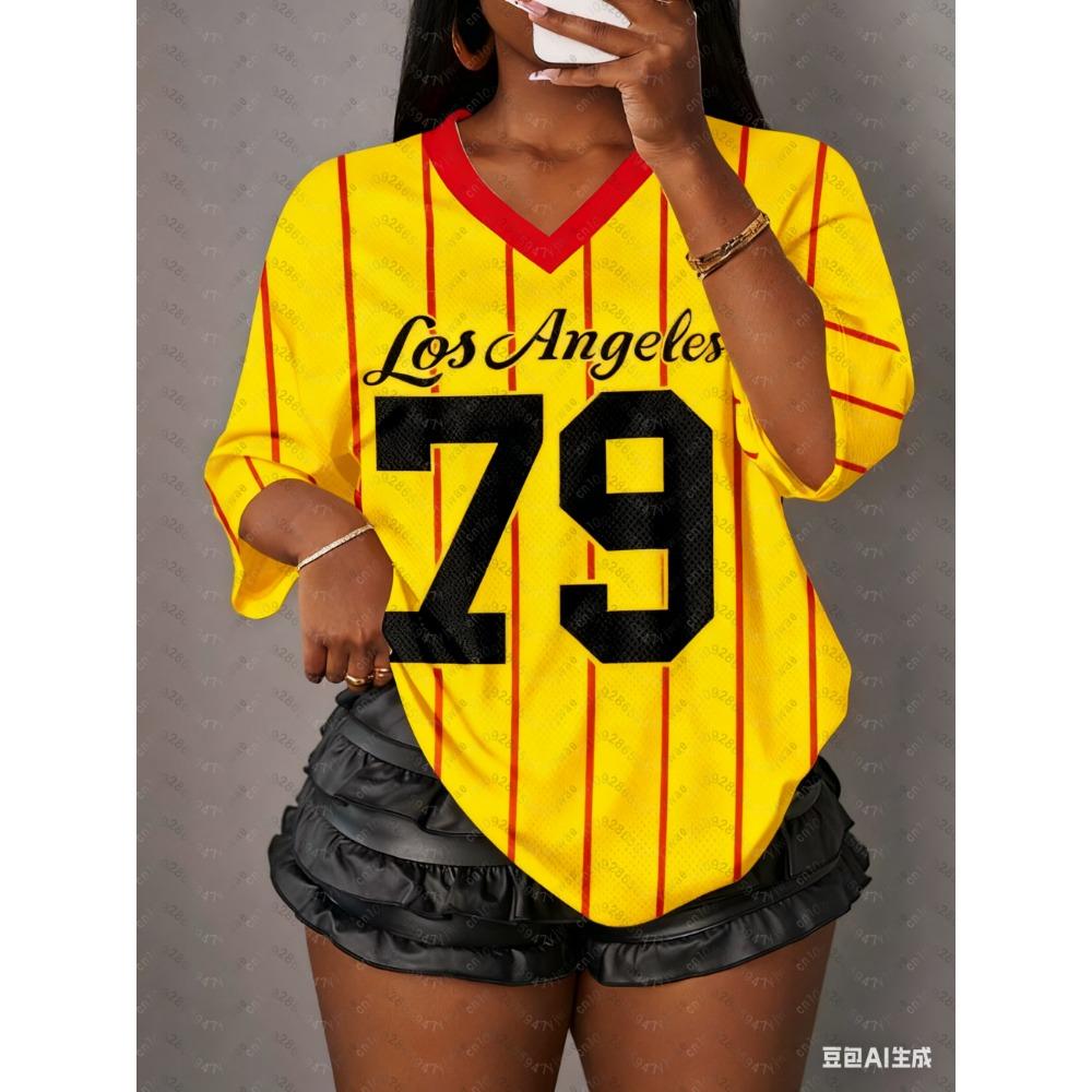 Women's Printed V-Neck Short-Sleeve T-Shirt, Summer Pattern T-Shirt, Baseball Shirt, Plus Size Sports T-Shirt