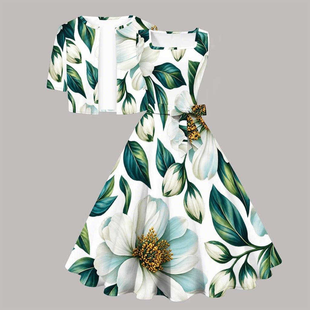 Women Plus Size Two Piece Set Floral Leaf Printed Square Neck Sleeveless Tie Waist Flared Dress With Short Sleeve Cropped Shrug
