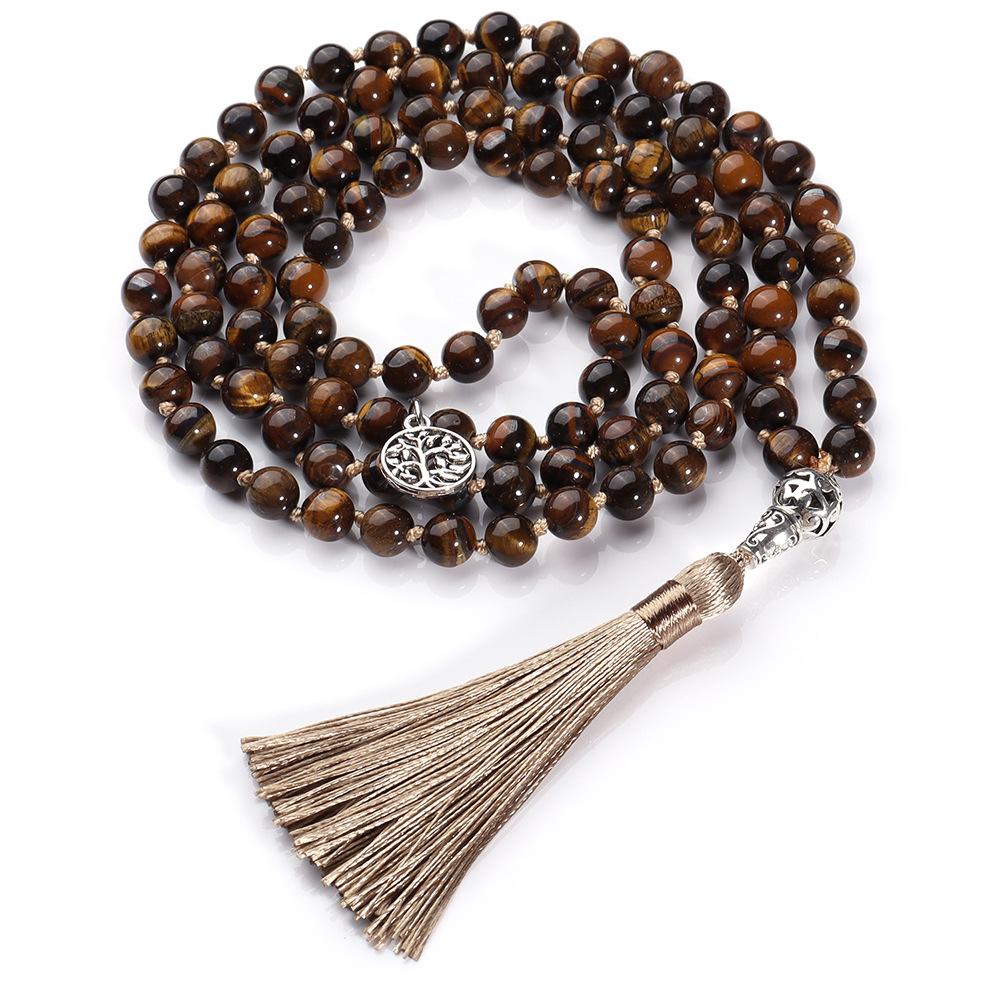 Collana con Perle di Pietra Naturale da 108 con Nodi e Nappe Occhio di Tigre Giallo per Meditazione Yoga Preghiera e Catena per Maglione